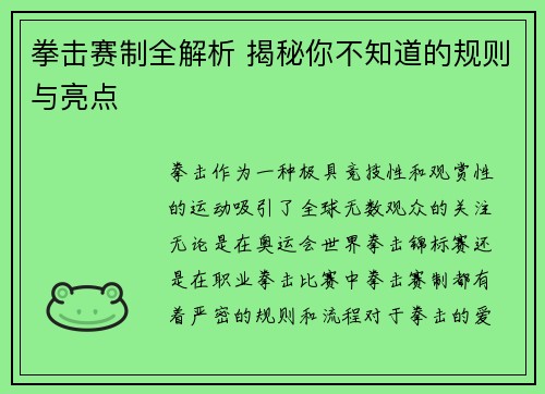 拳击赛制全解析 揭秘你不知道的规则与亮点