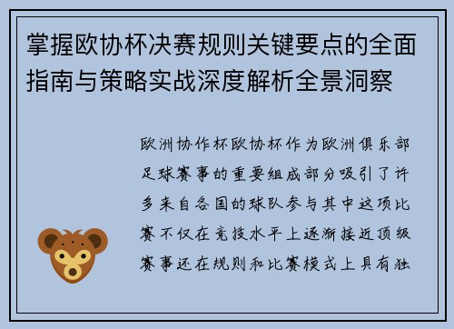 掌握欧协杯决赛规则关键要点的全面指南与策略实战深度解析全景洞察 掌握欧协杯决赛规则关键要点的全面指南与策略实战深度解析全景洞察