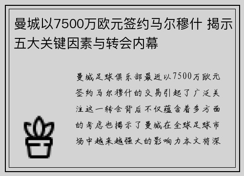 曼城以7500万欧元签约马尔穆什 揭示五大关键因素与转会内幕
