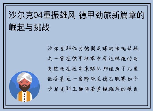 沙尔克04重振雄风 德甲劲旅新篇章的崛起与挑战