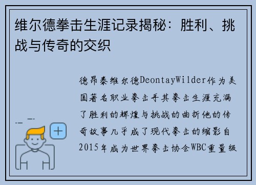 维尔德拳击生涯记录揭秘：胜利、挑战与传奇的交织