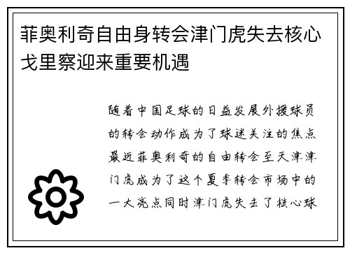 菲奥利奇自由身转会津门虎失去核心戈里察迎来重要机遇 菲奥利奇自由身转会津门虎失去核心戈里察迎来重要机遇
