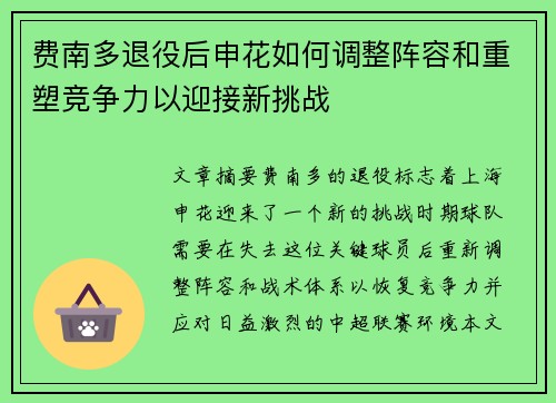 费南多退役后申花如何调整阵容和重塑竞争力以迎接新挑战